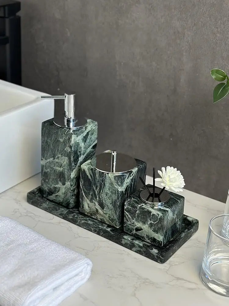 Luxury Marble Bath Set: Shampoo Bottles, Tray & Canister Organizer, Natural Stone Accessories for Home & Hotel Bathroom Decor