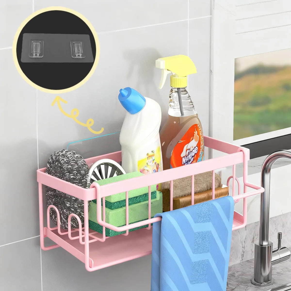 Kitchen Sink Caddy Sponge Holder, Self-Draining Sink Organizer for Soap Brush Scrubber Dishcloth Stopper, Kitchen Accessories
