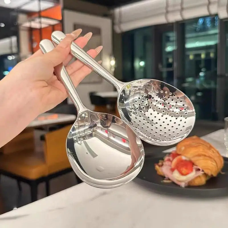 or 2 Pcs Heat Insulated Stainless Steel Ladles; For Serving Soup and Rice; Equipped with Drain Hole; Must-Have Kitchen Utensils