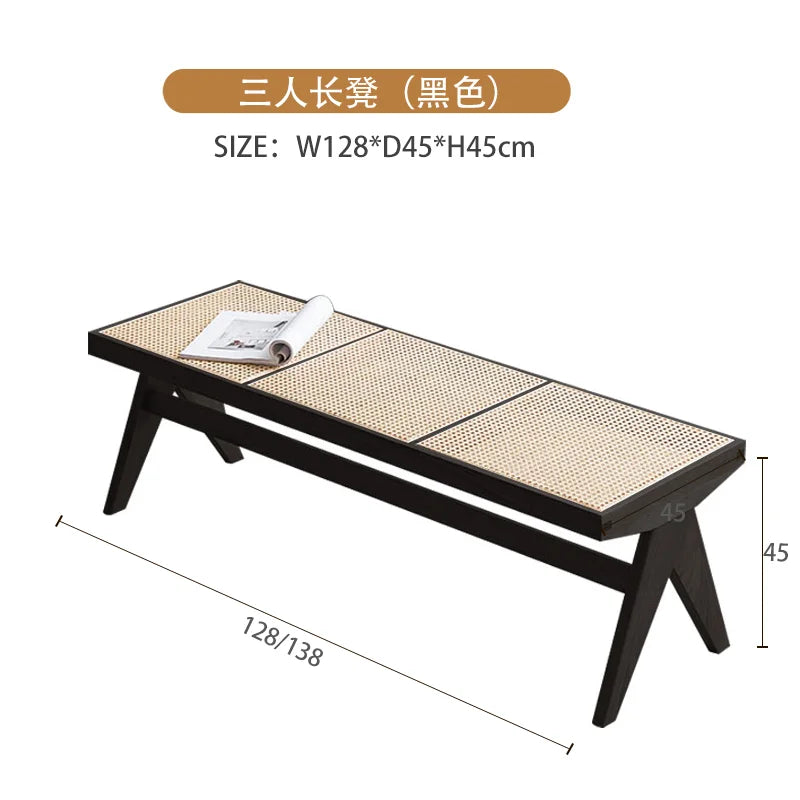 Handmade Rattan Bench with Wabi - Sabi Flair: Solid Wood, Multifunctional for Home & Shoe Storage
