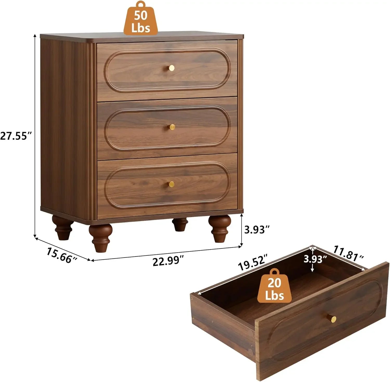 3 Drawer Fluted Dresser for Bedroom Set of 2, Mid Century Modern Chest of Drawers, Wood Storage Small Dresser Organizer , Walnut