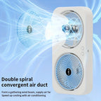 Dual head USB fan with 360 ° rotatable blades, wall mounted and free standing design, rechargeable, suitable for offices, bedroo