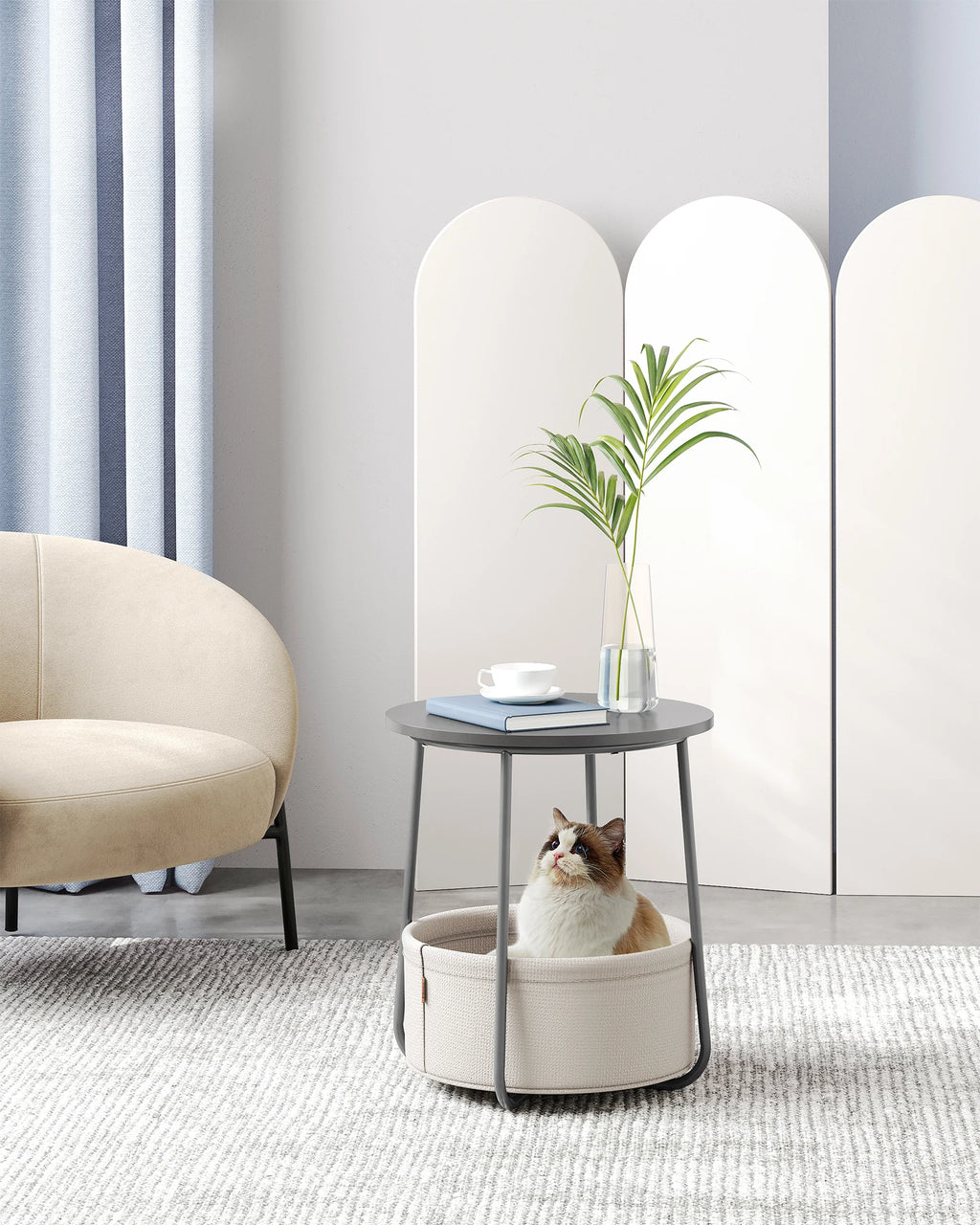 VASAGLE side table round small table coffee table small living room table with fabric basket living room storage space
