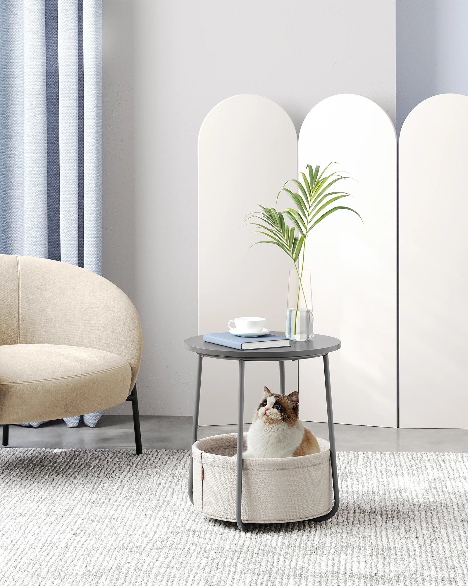 VASAGLE side table round small table coffee table small living room table with fabric basket living room storage space