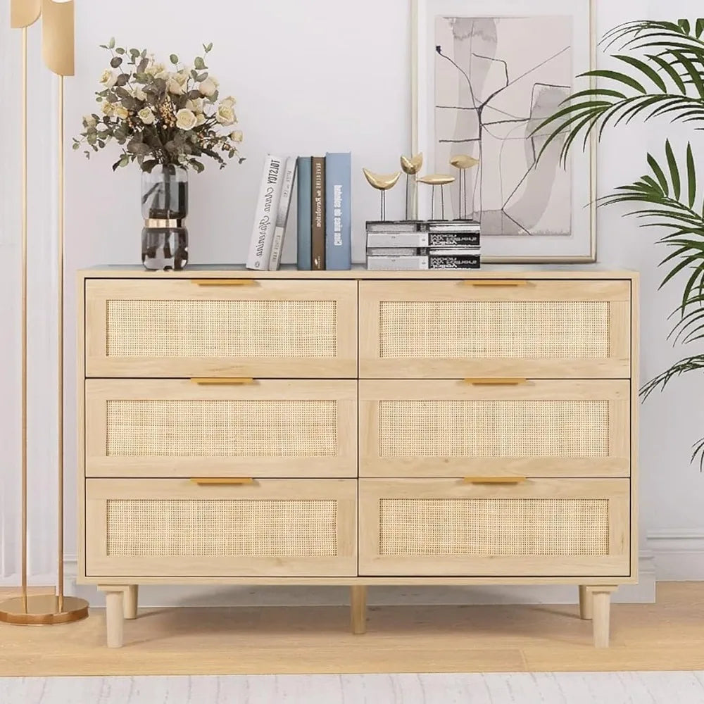 Rattan Dresser for Bedroom,Modern 6 Drawer Double Dresser with Gold Handles,Wood Storage Chest of Drawers fo Bedroom,Living Room