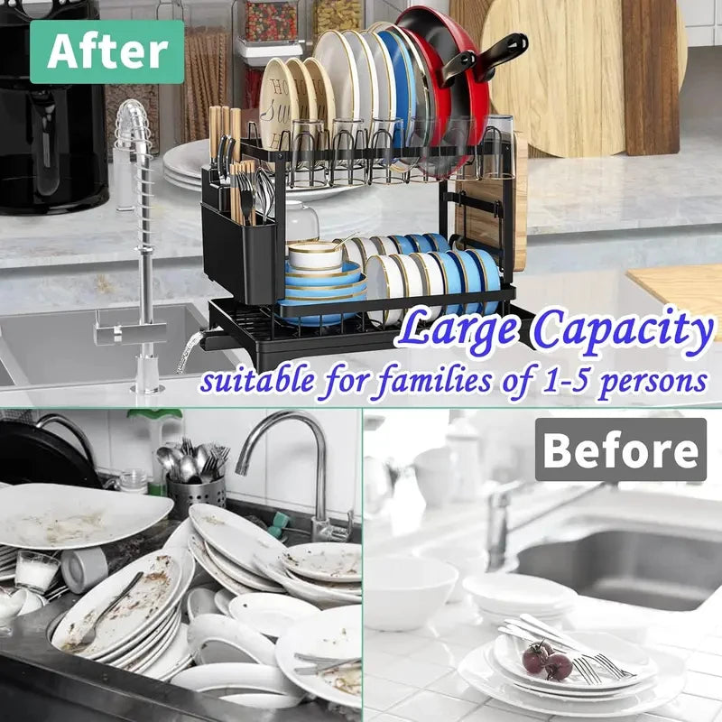 2-Tier Metal Kitchen Countertop Dish Drying Rack, Dish Drainer with Removable Drip Tray for Kitchen Counter Storage