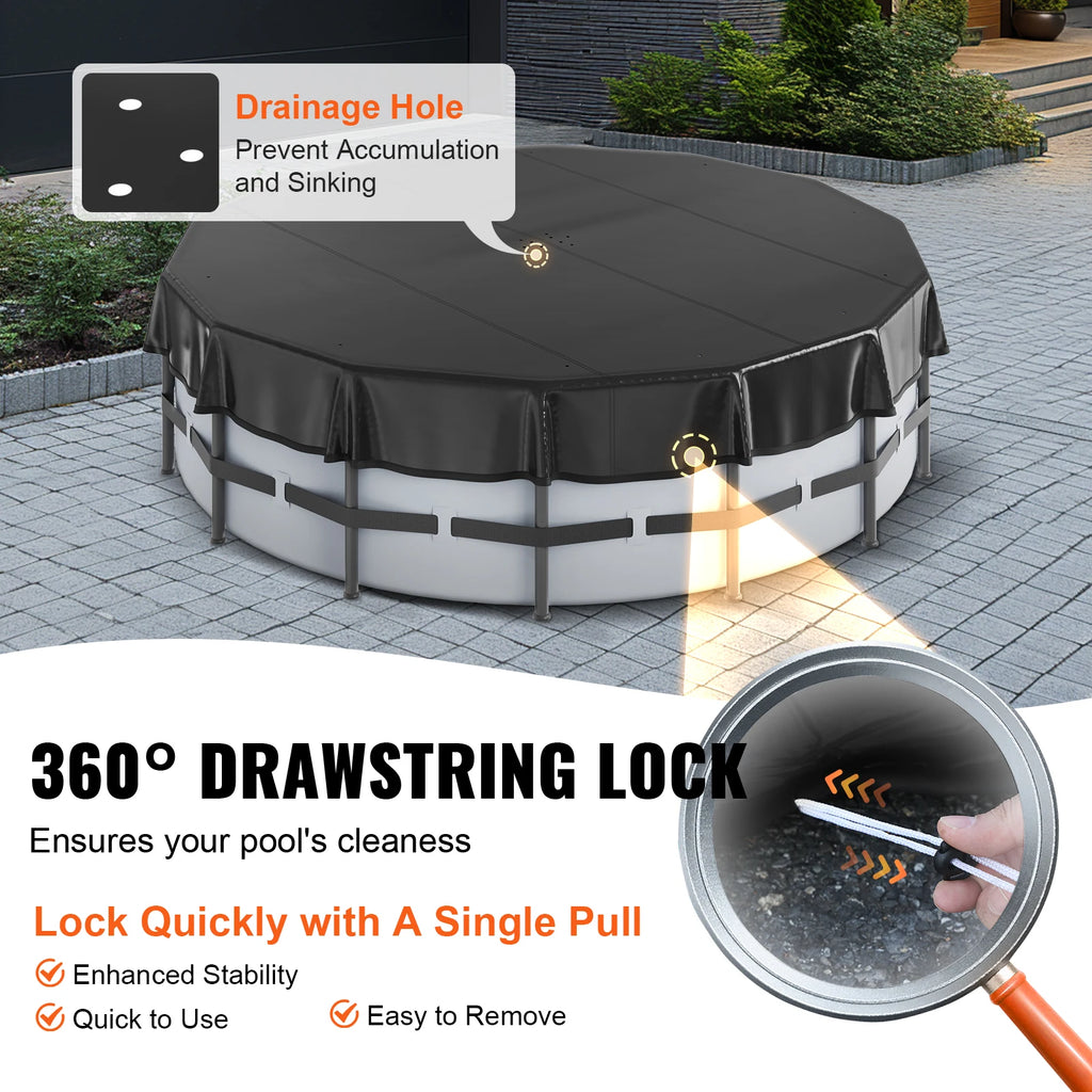 VEVOR 18/15Ft Round Pool Cover Solar Covers for Above Ground Pools Safety Pool Cover with Drawstring Design Black