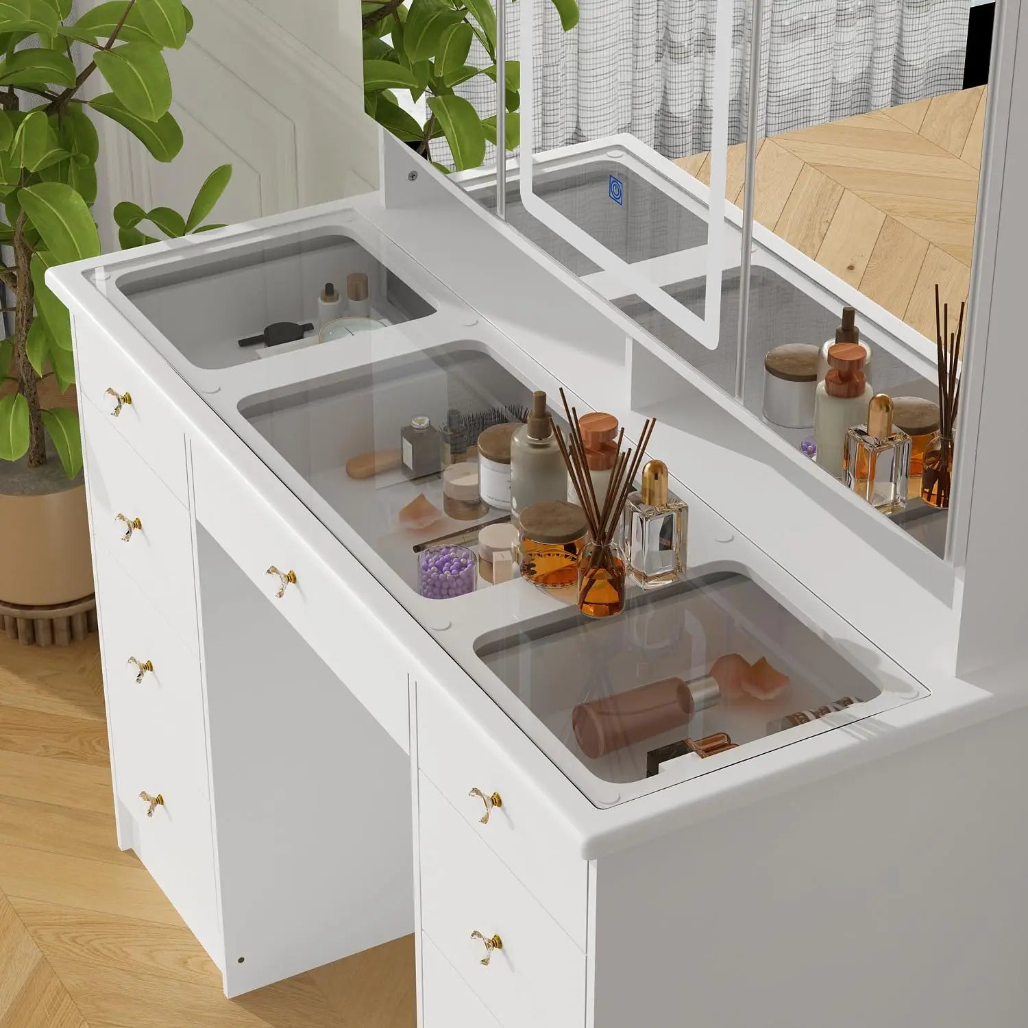 Vanity Desk with Trifold Mirrors & LED Light,Large Makeup Vanity with Glass Top,9 Drawers & Shelves,Mirrored Doors in 3 Colors