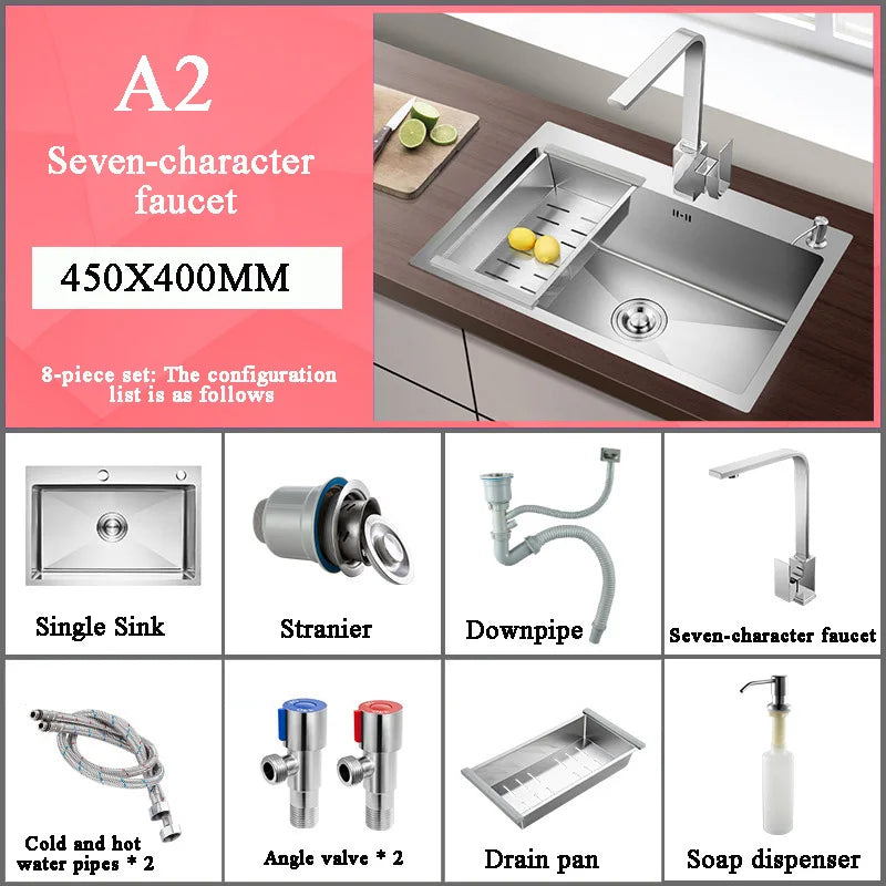 Stainless Steel Kitchen Sink Farm House Above Counter Undermounter Single Bowel Wash Basin with Faucet Drain Kitchen Accessories