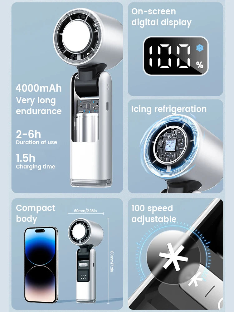 4000mAh Portable mini Fan 100 Wind Speeds Instant Cooling with Ice Mode Handheld fan USB Rechargeable electric fans Camping Fan