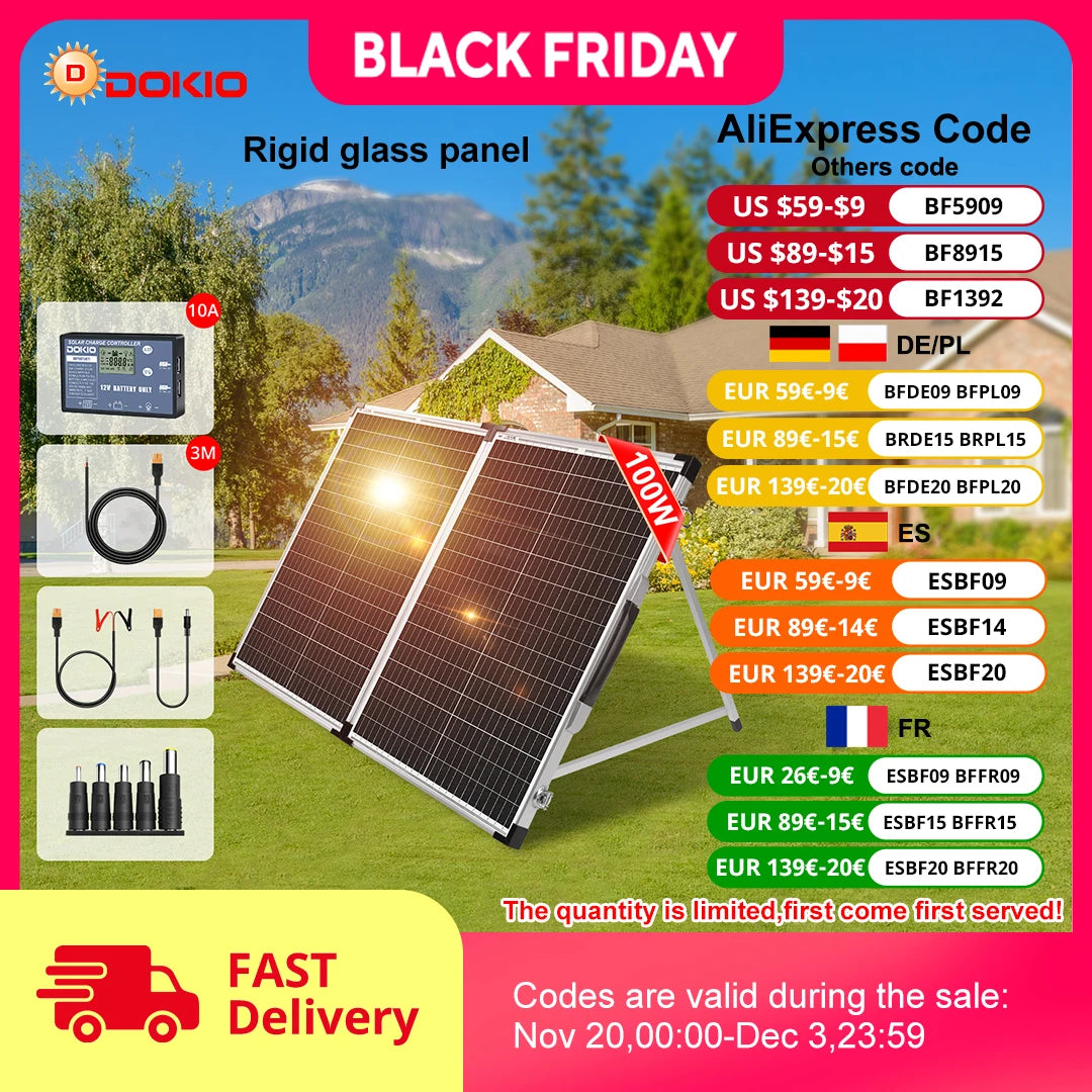 DOKIO 100W/160w/200w 18V Glass Folding Monocrystalline Waterproof Solar Panel with 12V Controller Kit from China