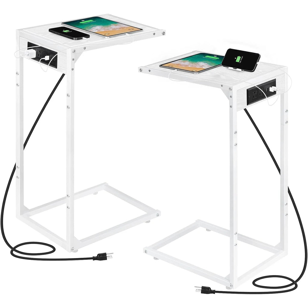 Set of 2 C-Shaped End Tables w/ Charging Station | USB & Outlets | Slide-Under Couch Design for Living Room/Bedroom | Black