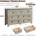 Farmhouse 7 Drawers Tv Stand, Wood Rustic, Storage Dressers Organizer for Bedroom, Living Room,Hallway, Light Rustic Oak