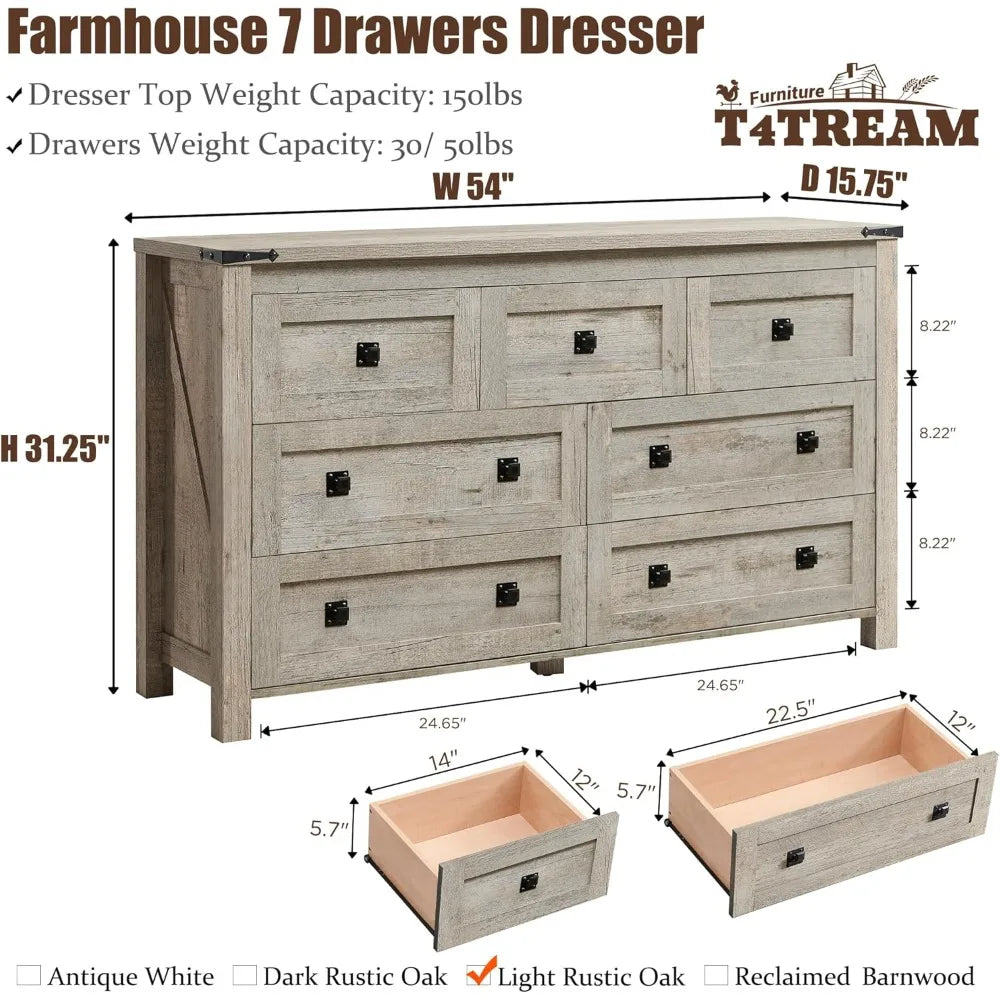 Farmhouse 7 Drawers Tv Stand, Wood Rustic, Storage Dressers Organizer for Bedroom, Living Room,Hallway, Light Rustic Oak
