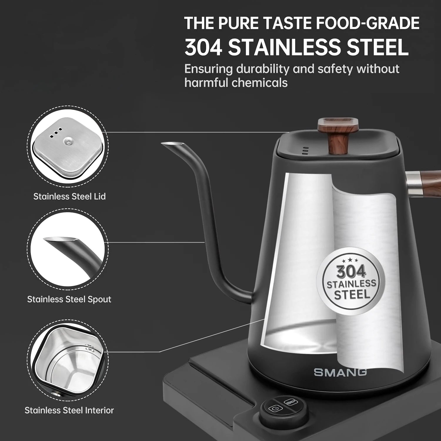 Gooseneck Electric Kettle 1L 1200W Intelligent temperature controlled hand brewed coffee pot Rapid Heating Kettle 110v/220v
