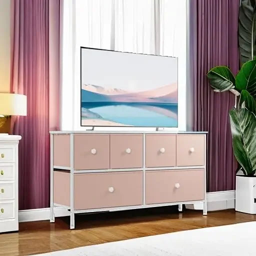 Dresser for Bedroom with 6 Drawer Wide Dresser & Chests of Drawers Cute Girl Dresser for Closet, Bedroom, Entryway, Pink