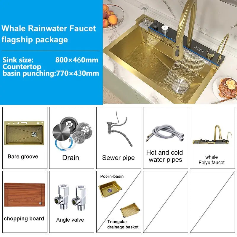 Stainless Steel Waterfall Kitchen Sink Extra Large Single Slot Digital Display Faucet Set Cup Washer Wash Basin 100*50cm