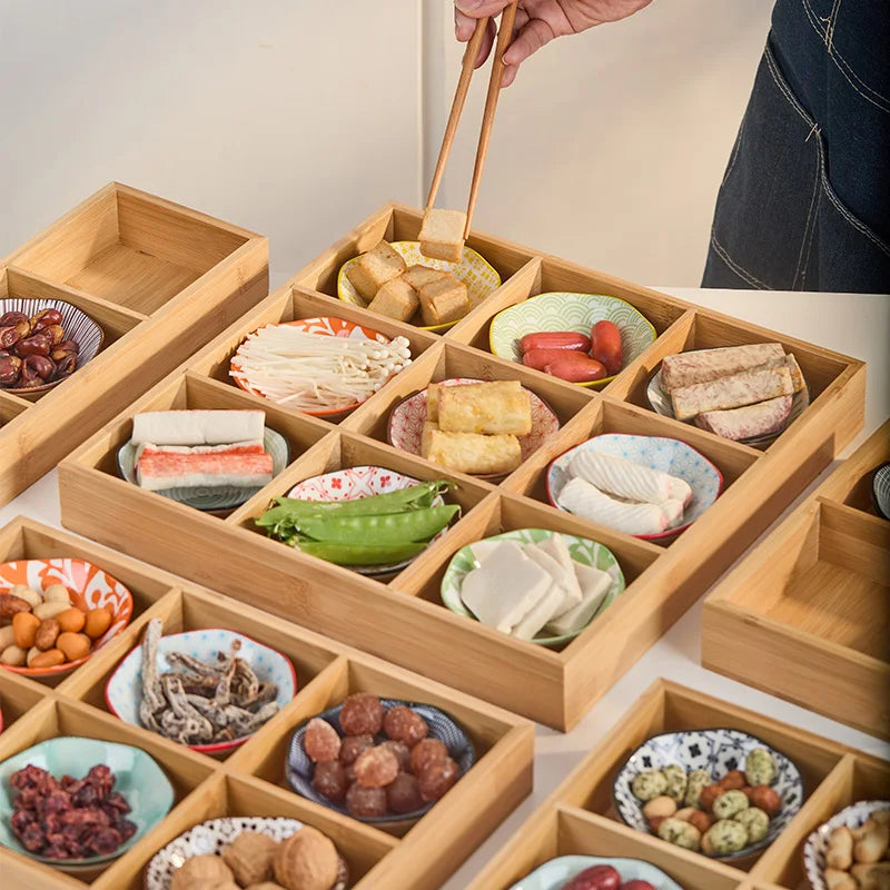 Wooden Tea Cooking Tray Utensils Four  Grids Hot Pot Restaurant Sauce Dish Ceramic Material  Style Fruit Tray