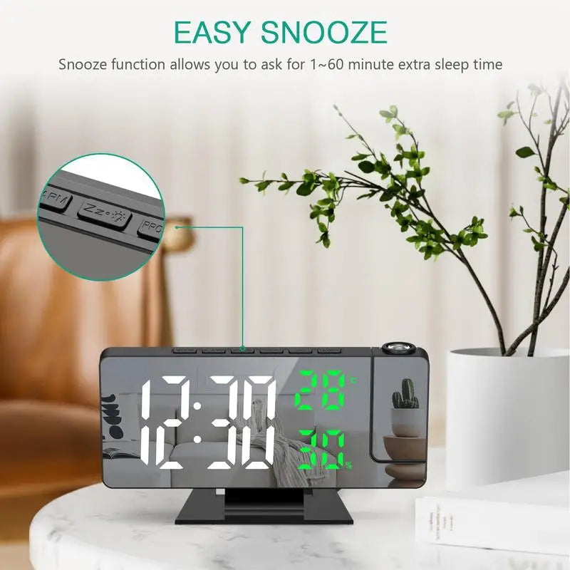 multi-functional projection alarm clock Intelligent luminous large screen Mirror Digital clock 180 Rotatable Projector for home