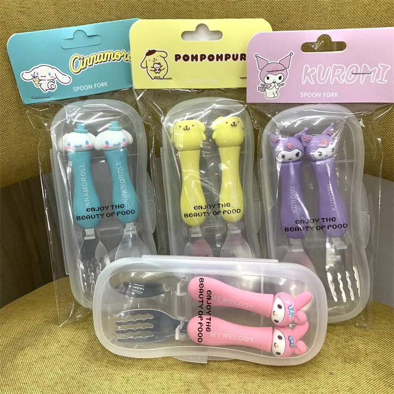 Cartoon Hello Kitty Children's Portable Tableware Anime Cinnamoroll My Melody Kuromi 304 Stainless Steel Fork and Spoon Set