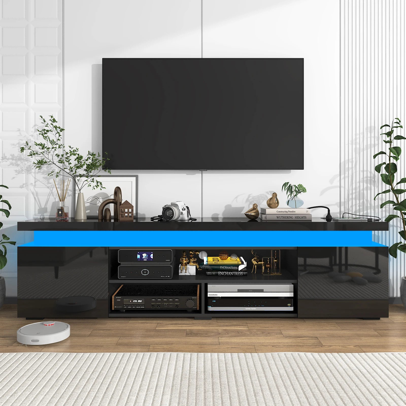 74'' LED TV Stand for Televisions up to 65'' Modern TV Cabinet with Power Outlet, High Gloss Entertainment Center with Storage