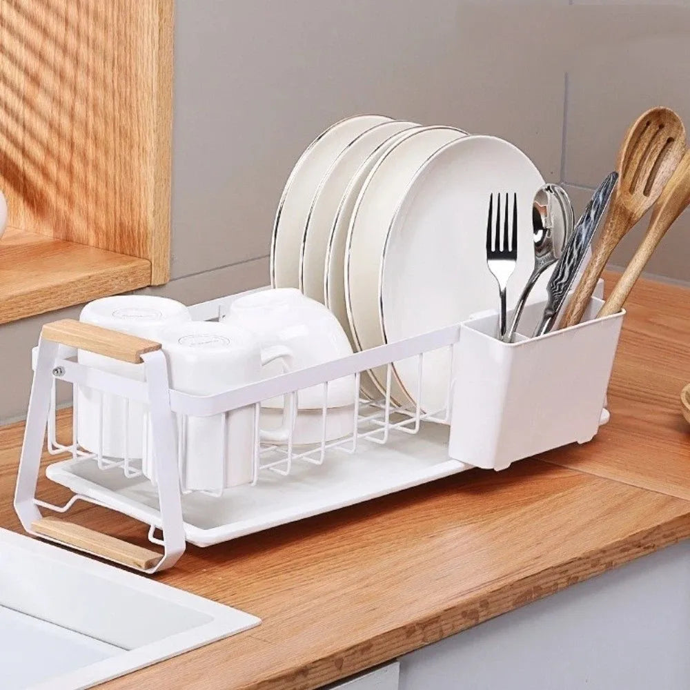 Detachable Kitchen Dish Rack Wooden Handle Large Capacity Dish Drying Drain Rack Dish Drainer Metal Frame Kitchen Organizer