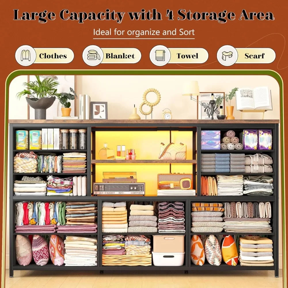 Dresser with LED Lights & Power Outlets, 12 Drawers Dresser TV Stand for 60''TV for Bedroom Dresser Fabric Dressers & Chest