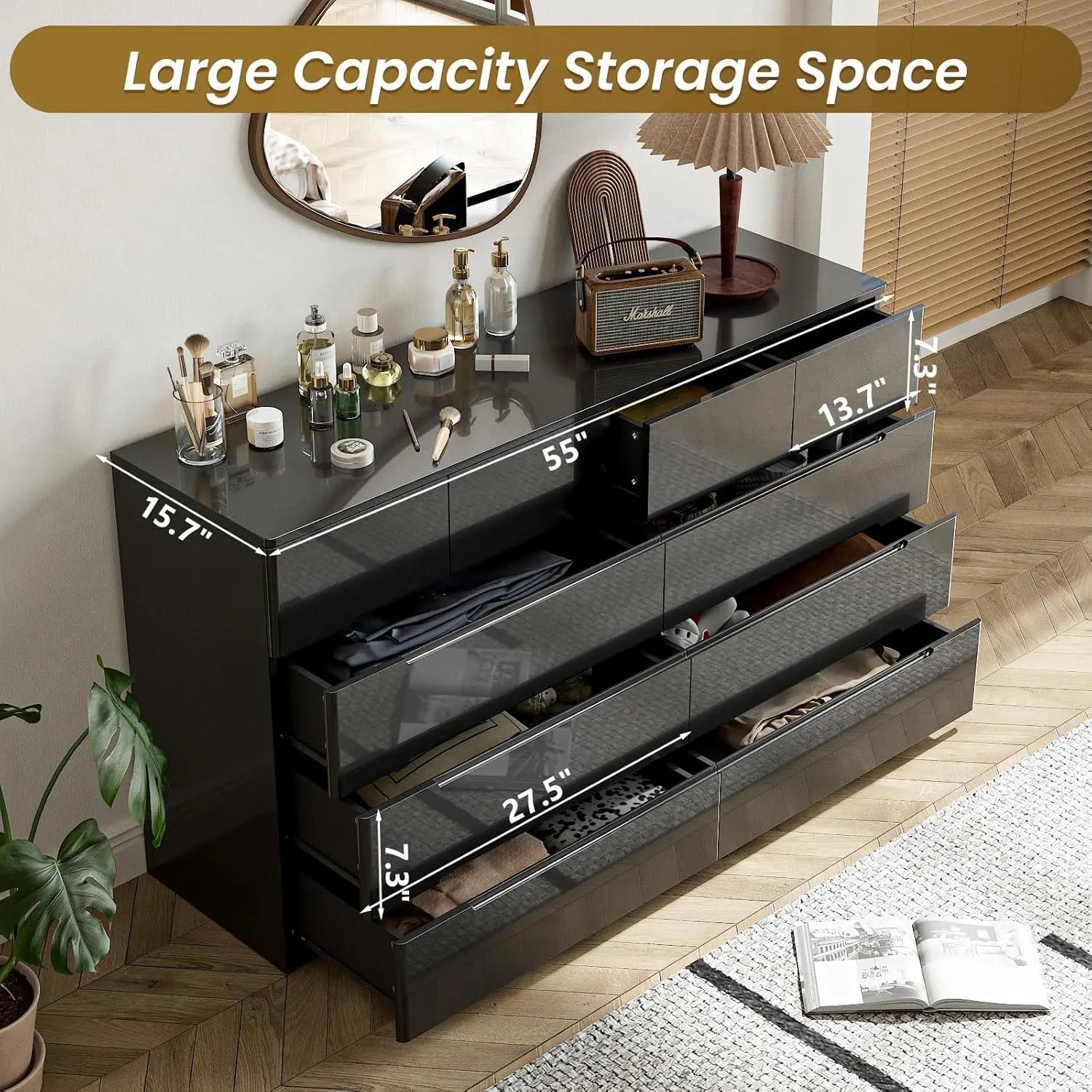10 Drawer Dresser, Black Dresser for Bedroom, High Gloss Modern Dresser & Chest of Drawers, 55" Long Dresser TV Stand, Large