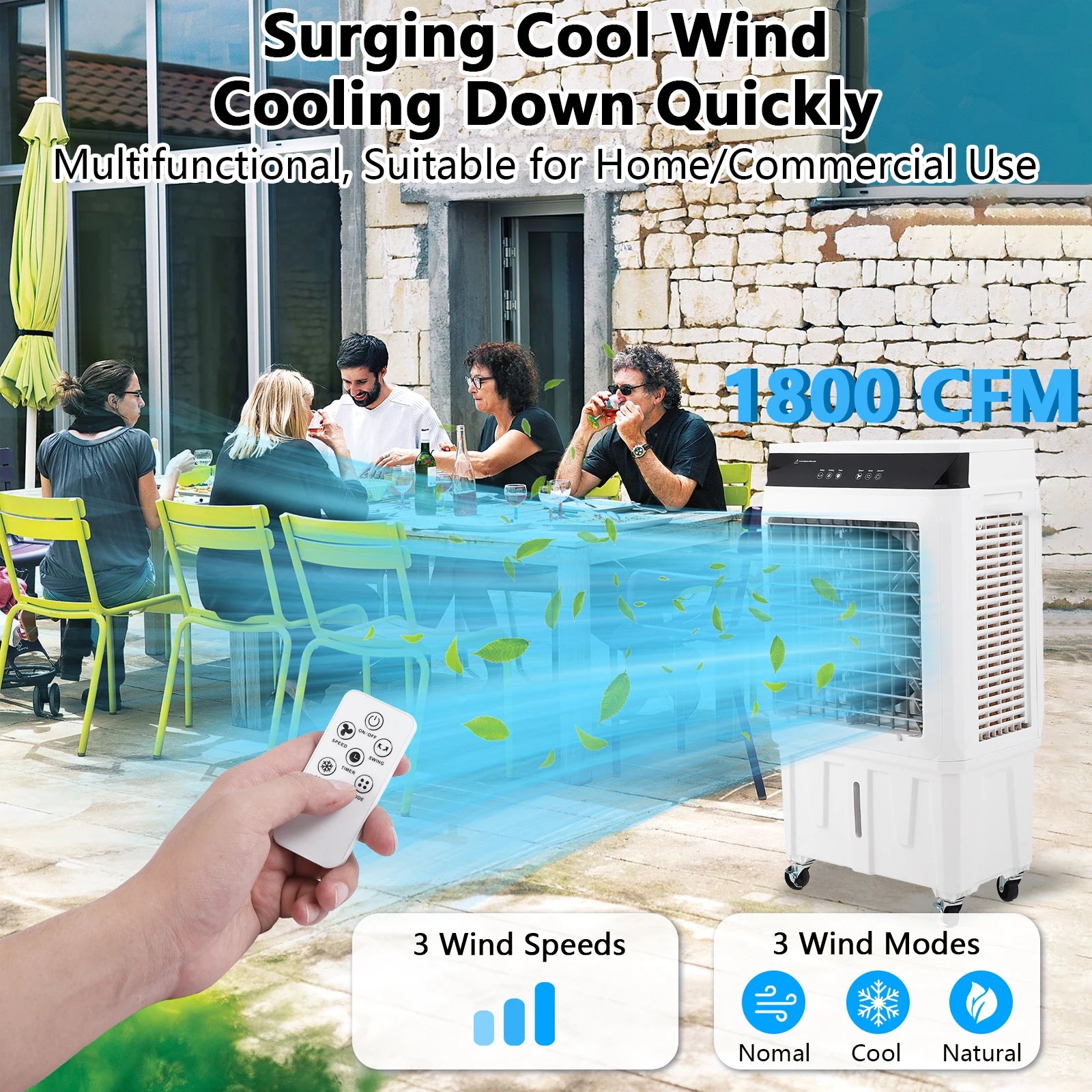 Evaporative Air Cooler, 1800CFM Swamp Cooler with Remote Control and 1