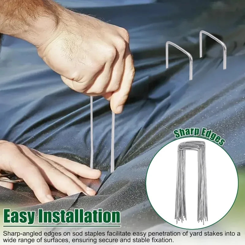 100/10pcs U-shaped Garden Stakes Heavy-duty Galvanized Steel Fence Tubing Staples Landscape Spikes for Lawns Barrier Ground Nail