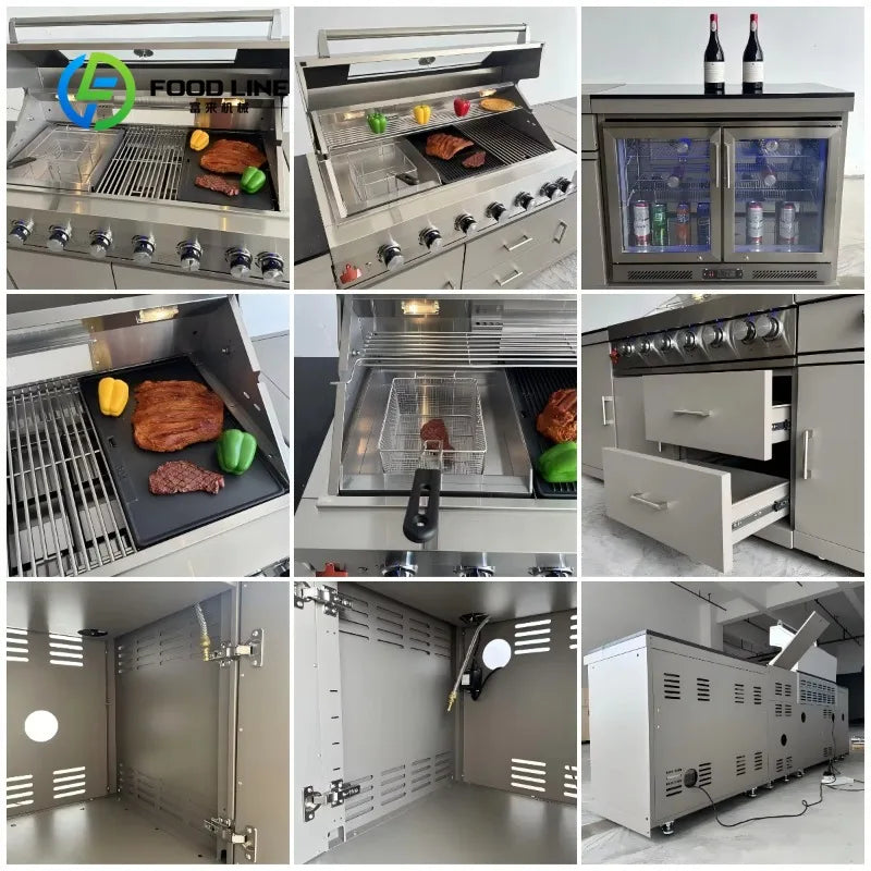 Customized Modern Stainless Steel Outdoor Kitchen Set with 7-Burner Gas Grill Side Burner and Fridge Cabinet for Backyard Patio
