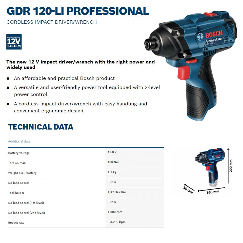 BOSCH GDR 120-LI Impact Driver 12V Cordless Rechargeable 1/4in 100Nm Electril Screwdriver Wrench Power Tool Bare Machine