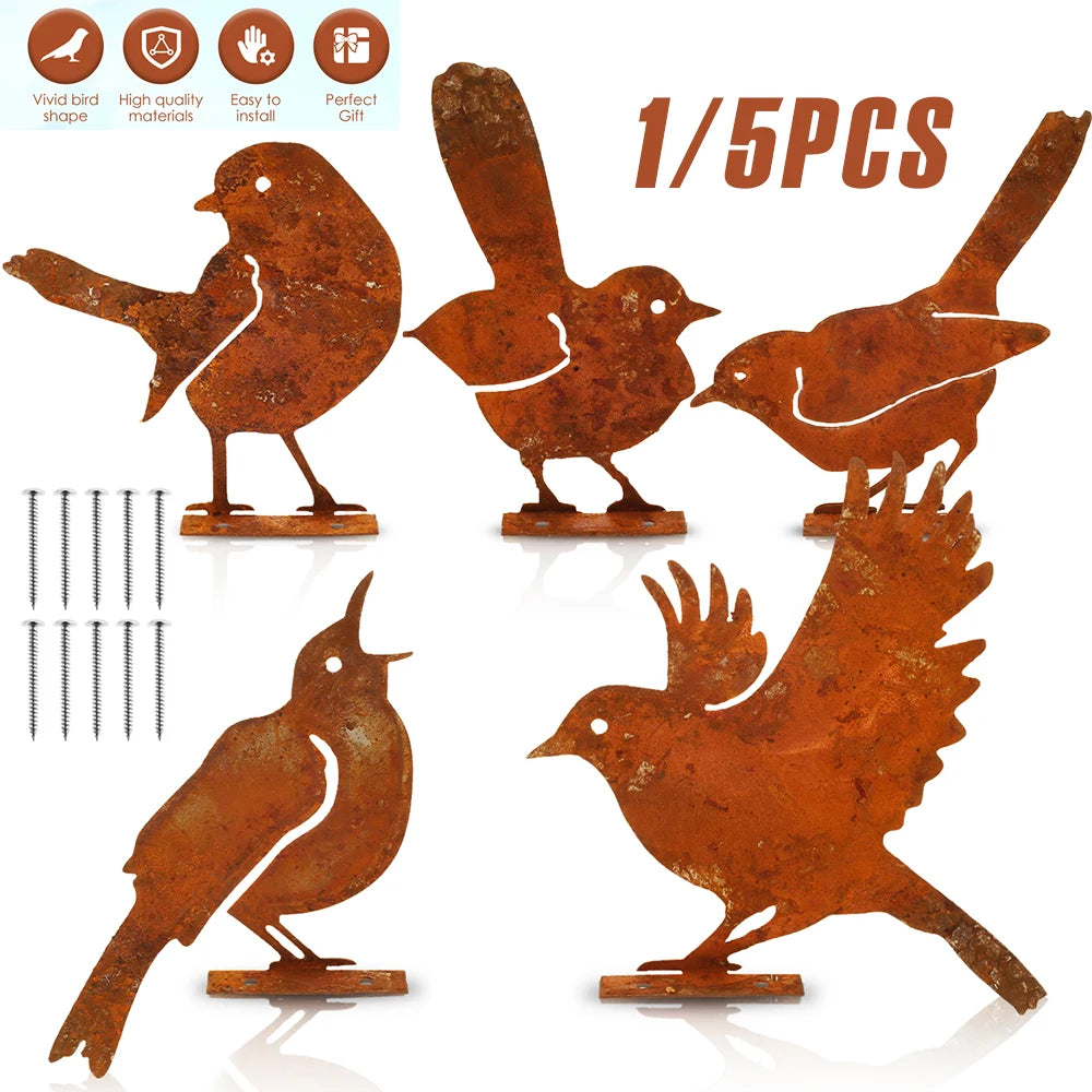 1/5Pcs Rusty Metal Birds Rusty Running Squirrel Decor Metal Art Set Outdoor Garden Animal Silhouette Creative Wrought Iron Decor