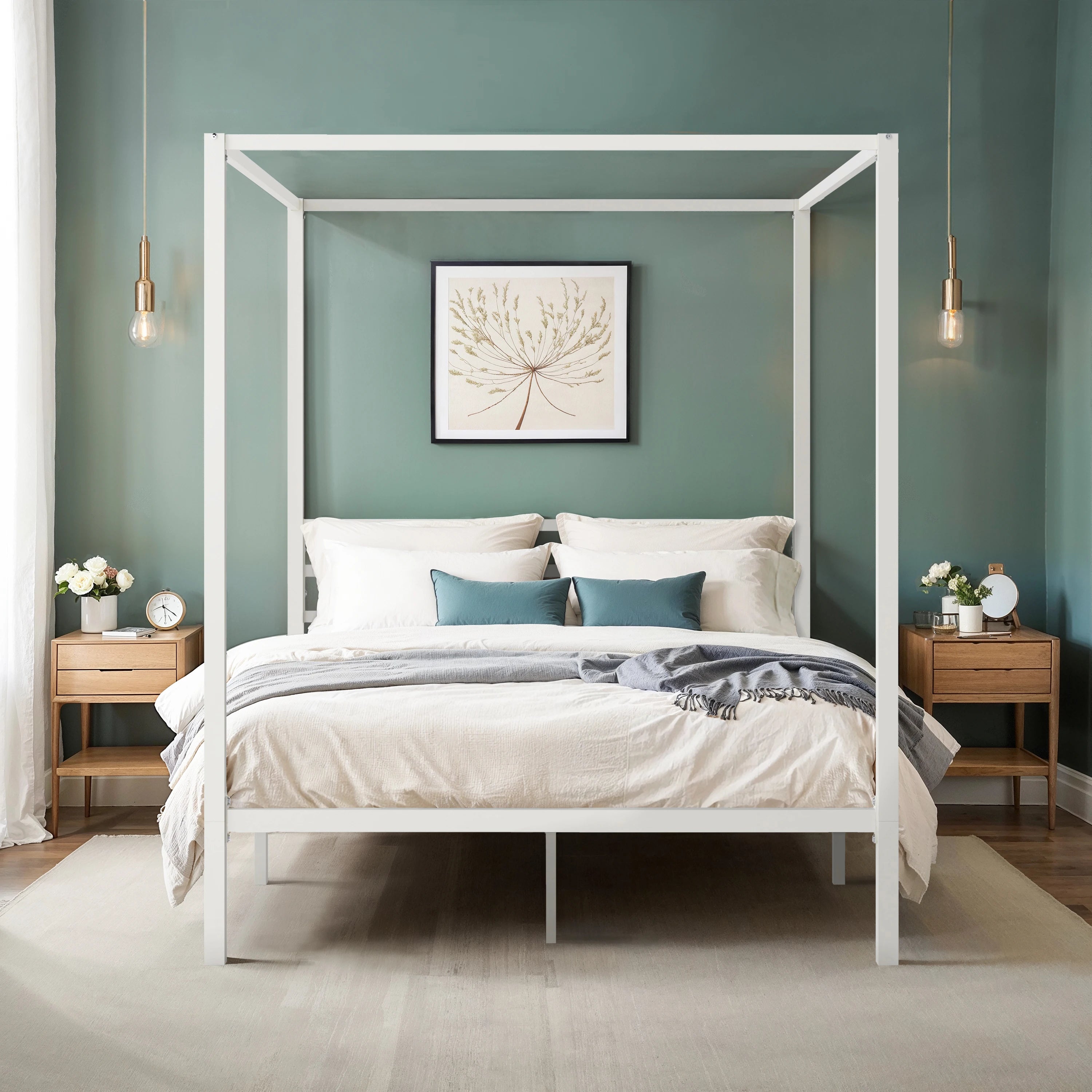 HOOMIC Canopy Bed Frame, Enhanced 4-Poster, 3-Metal Crossbar, No Box Spring Needed, Easy Assembly Allewie