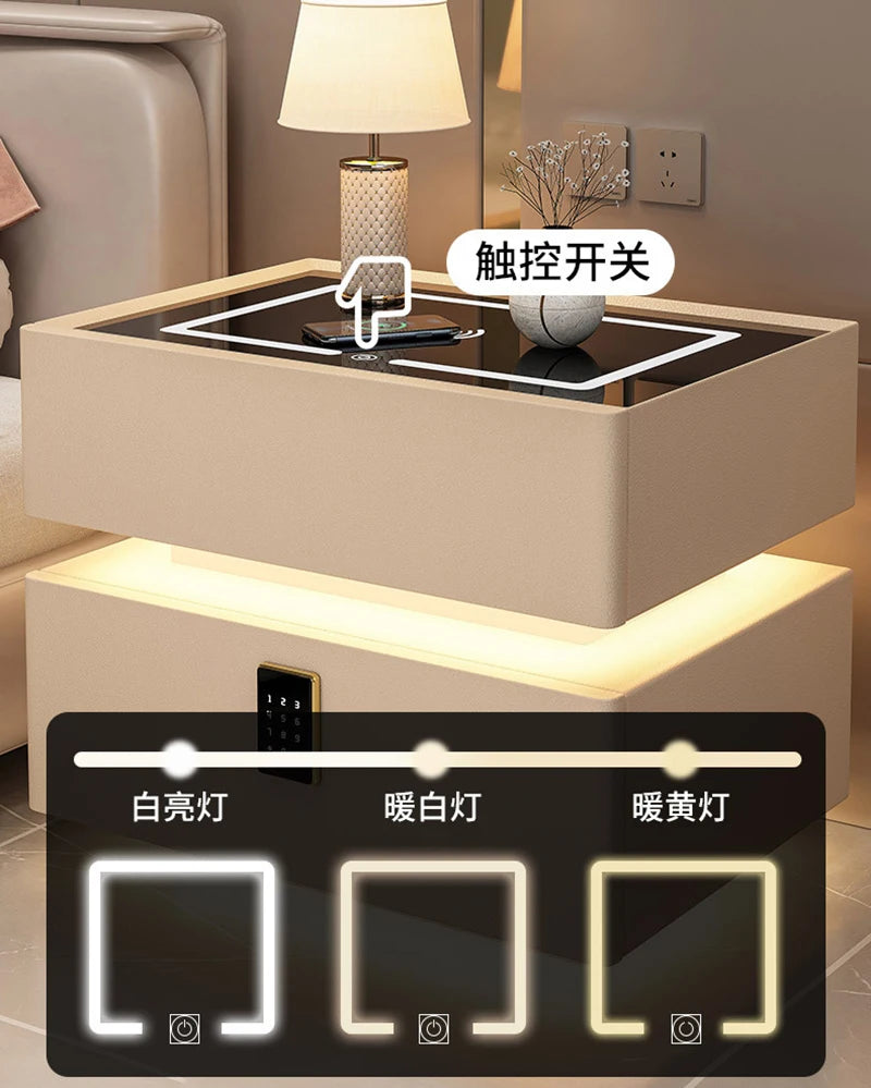 Modern Style Solid Wood Bedside Table with Wireless Charging Smart 2 Drawers Bedroom Nightstands with Lock 40/45/50cm