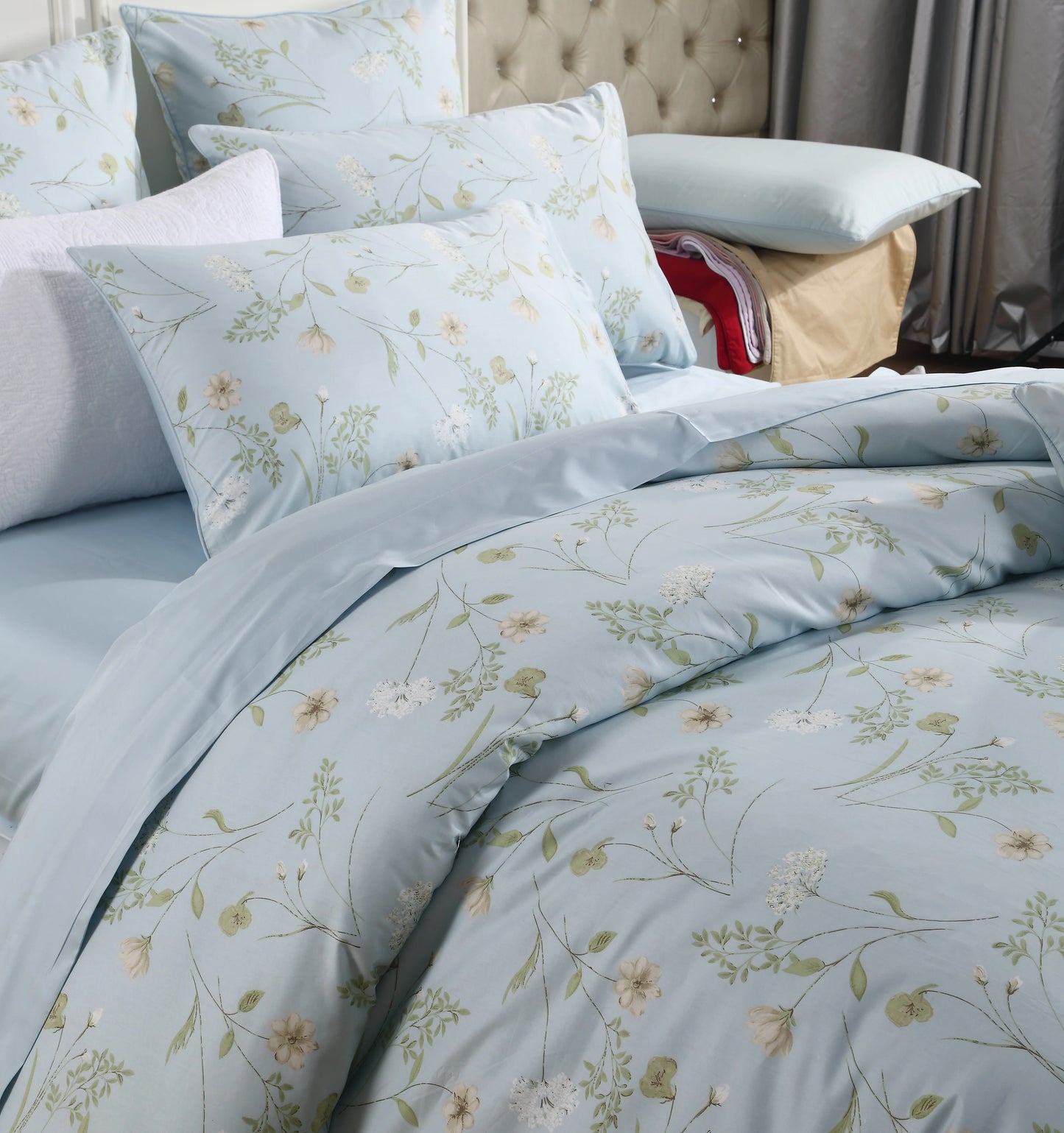 3pcs 600TC 100% Egyptian Cotton Duvet Cover Set, Light Blue Shabby Chic Floral, Soft Skin-Friendly (No Inserts)