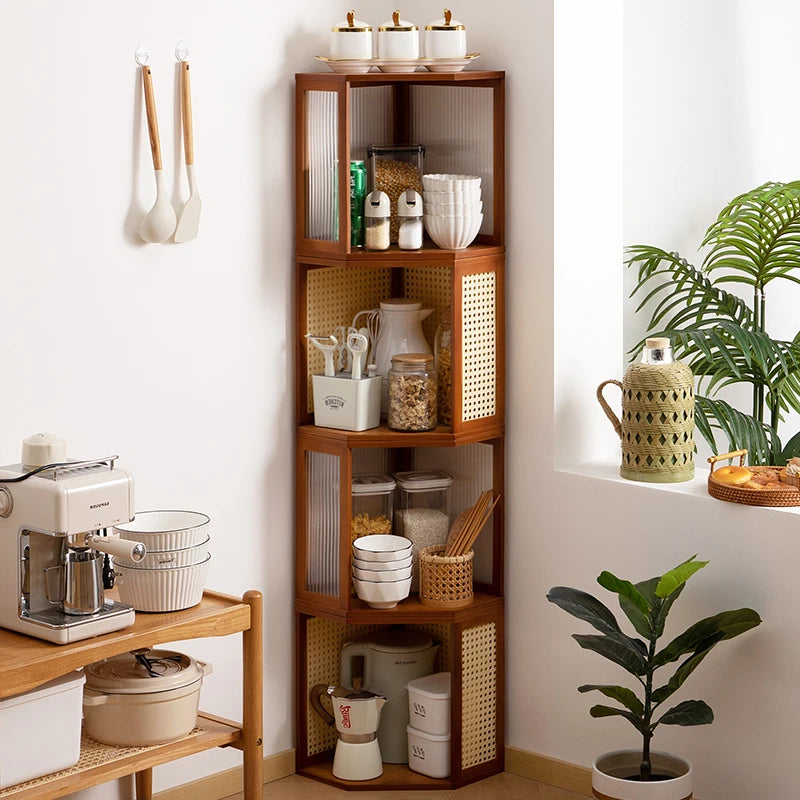 Bamboo Kitchen Corner Spice Rack Tiered Condiment Organizer Multi-Function Countertop Storage Shelf for Seasoning Jars