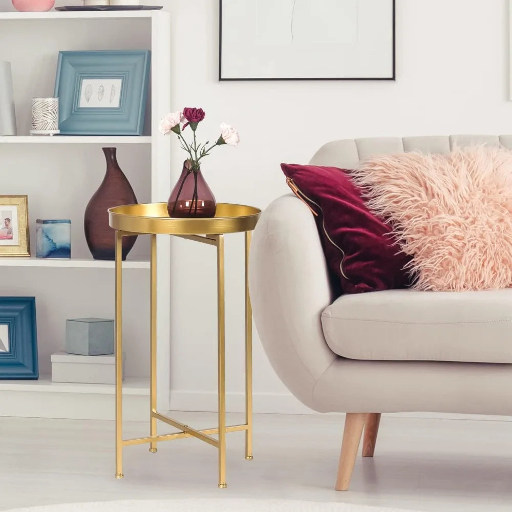 Tray Metal End Table, Gold Round Foldable Side Table Small Decorative Sofa Snack Coffee Plant Stand Table (Golden Tray)