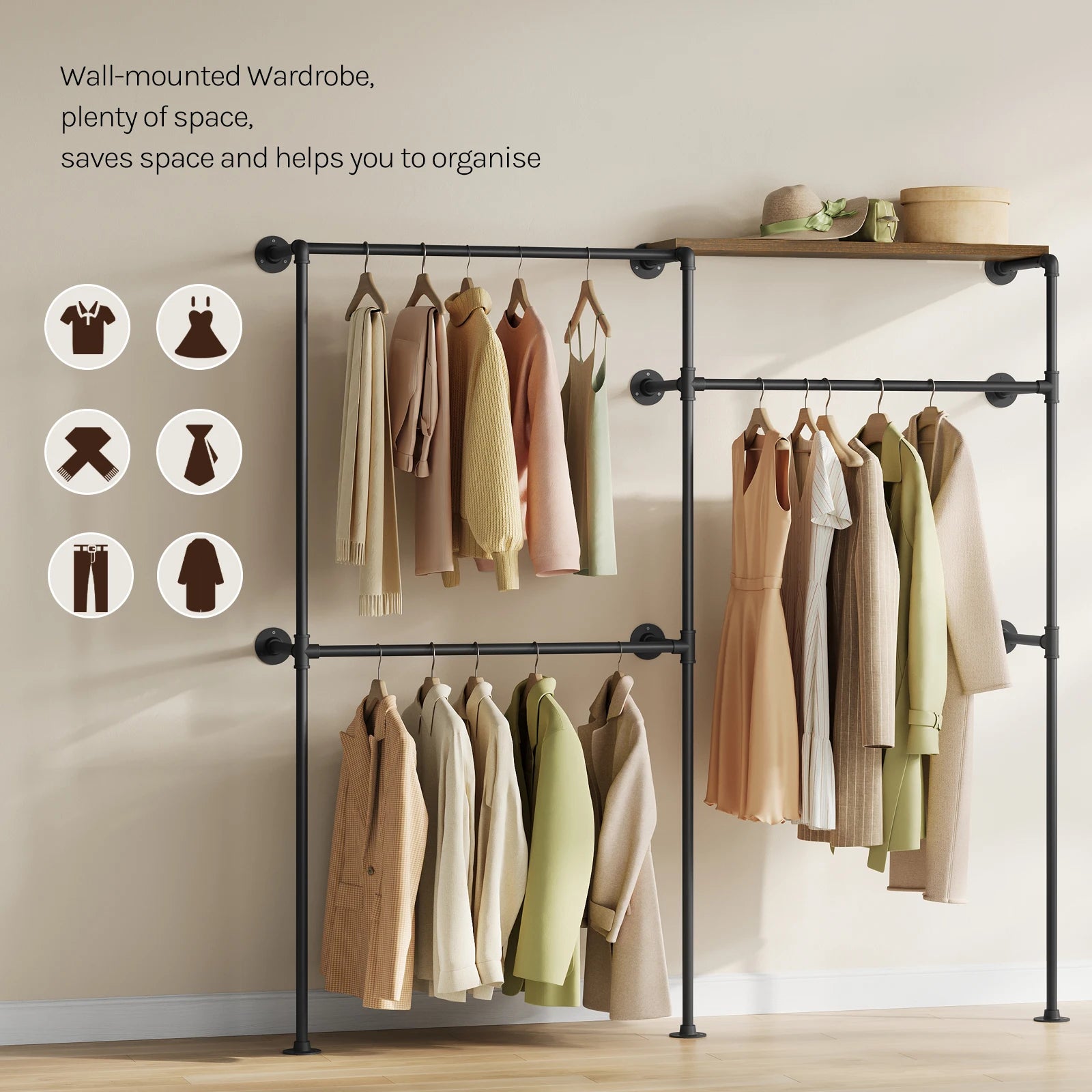 WOLTU Wall Mounted Open Wardrobe with 1&5 MDF Shelves Steel Tube Clothes Rail Industrial Style Coat Rack for Cloakroom Bedroom