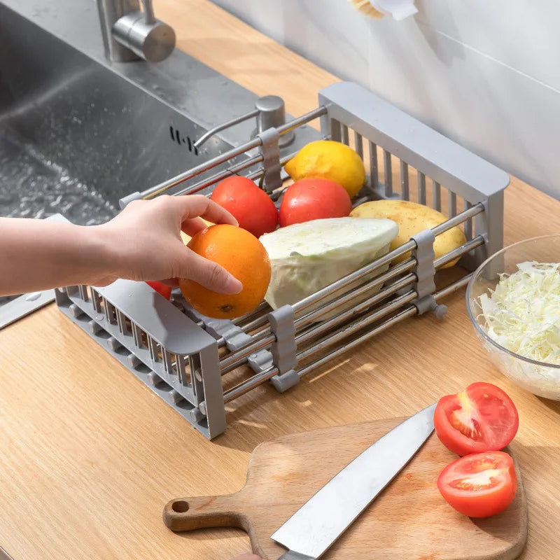 Stainless Steel Kitchen Sink Drain Rack Telescopic Utensil Rack Fruit Vegetable Washing Storage Rack Household Kitchen Accessory