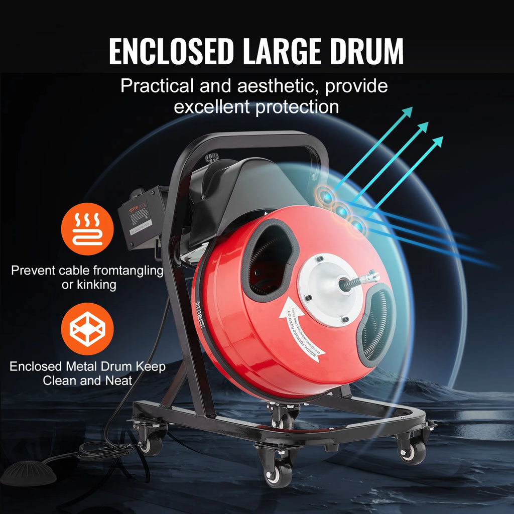 VEVOR Drain Cleaner Machine 50 FT x 1/2 Inch Manual Feed Sewer Snake Auger - with Wheels 4 Cutters & Air-activated Foot Switch