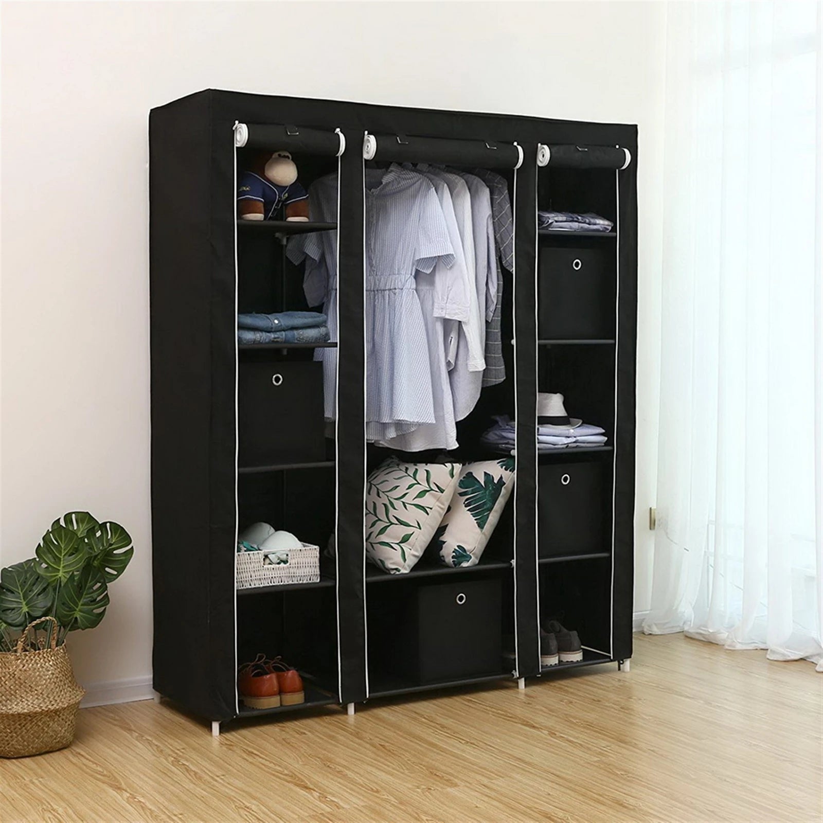 "69" Portable Non-Woven Clothes Closet, Quick & Easy Assembly, Extra Strong & Durable Wardrobe Storage Organizer, Black."