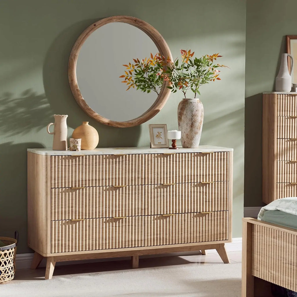 Fluted 6 Drawers Dresser, 54" Wide Modern Chest of Drawers ,Dresser TV Stand,for Bedroom, Living Room, Hallway, Natural Oak