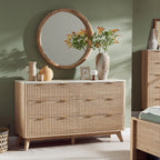 Fluted 6 Drawers Dresser, 54" Wide Modern Chest of Drawers ,Dresser TV Stand,for Bedroom, Living Room, Hallway, Natural Oak