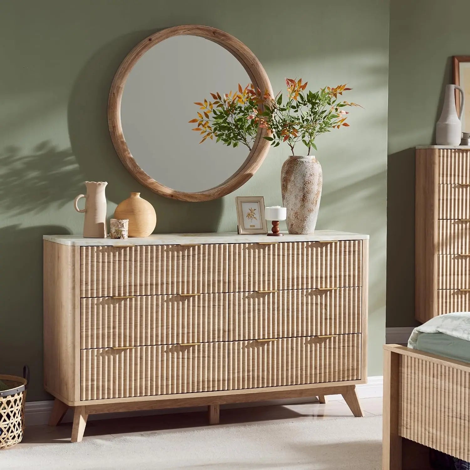 Fluted 6 Drawers Dresser, 54" Wide Modern Chest of Drawers ,Dresser TV Stand,for Bedroom, Living Room, Hallway, Natural Oak