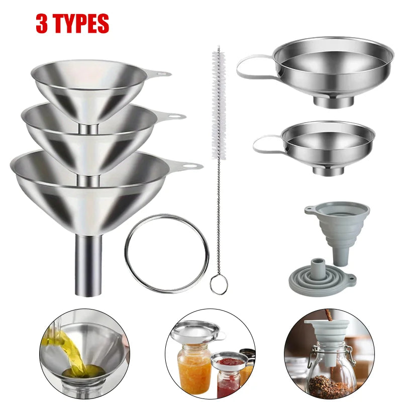 3 Styles Kitchen Funnels Set Stainless Steel Small Funnels Wide Mouth Jar Funnel Food-Grade Silicone Funnel Kitchen Accessories