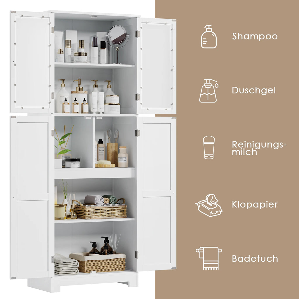 Bathroom wardrobe White, Bathroom wardrobe with 4 Doors and 6 Compartments, High wardrobe Kitchen wardrobe for bathroom, living room, Dining Room, B
