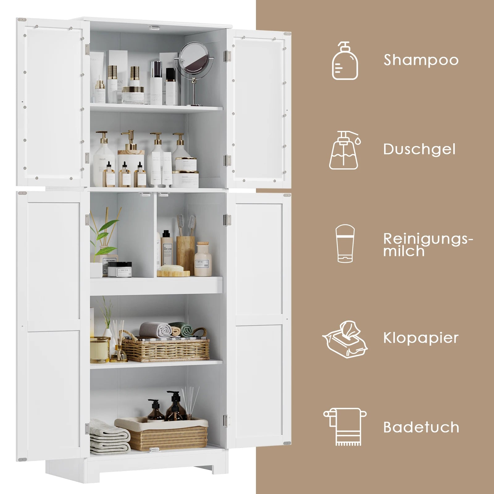 Bathroom wardrobe White, Bathroom wardrobe with 4 Doors and 6 Compartments, High wardrobe Kitchen wardrobe for bathroom, living room, Dining Room, B