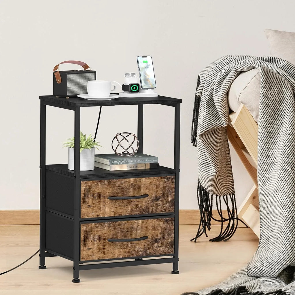 Nightstand with Charging Station - USB/Power, 2-Tier Bedside Table w/2 Drawers & Shelves, Compact for Bedroom/Living Room