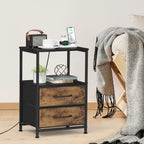 Nightstand with Charging Station - USB/Power, 2-Tier Bedside Table w/2 Drawers & Shelves, Compact for Bedroom/Living Room